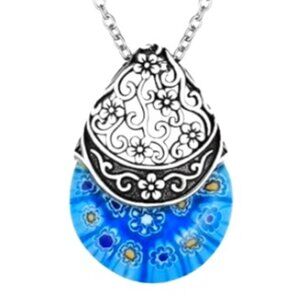 Blue Murano Style Glass Pendant Necklace for Women Daisy Flower Stainless Steel